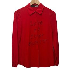 MOSCHINO red silk blend 'Love at first sight' blouse, size 8